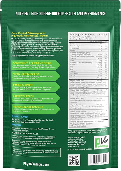 PhysiVantage Greens Superfood Powder with Prebiotic Fiber, Probiotics, Post-biotics, Spirulina, Chlorella - Vegan - Energy, Focus, Immune Support, Gut Health - Delicious Mild Mint Flavor - 25 Servings