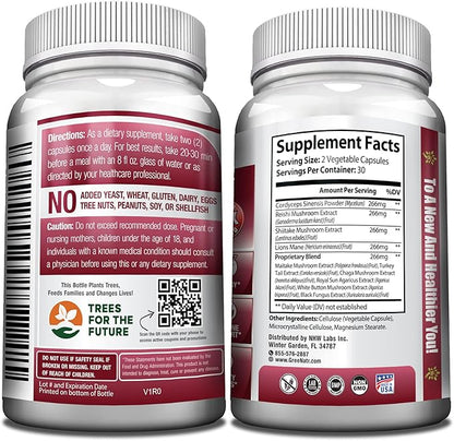 Complete Mushroom Supplement -10 in 1 Complex with Lions Mane, Cordyceps, Shiitake, Chaga, Turkey Tail for Immune Support, Memory, Focus & Natural Energy Booster - 180 Capsules (3 Bottles)