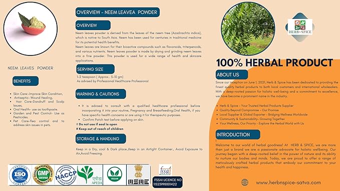 Neem Leaves Powder Certified Organic Non GMO No Added Preservatives or Additives Azadirachta Indica Powder (114 Gram)