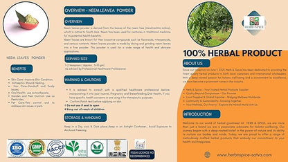 Neem Leaves Powder Certified Organic Non GMO No Added Preservatives or Additives Azadirachta Indica Powder (114 Gram)