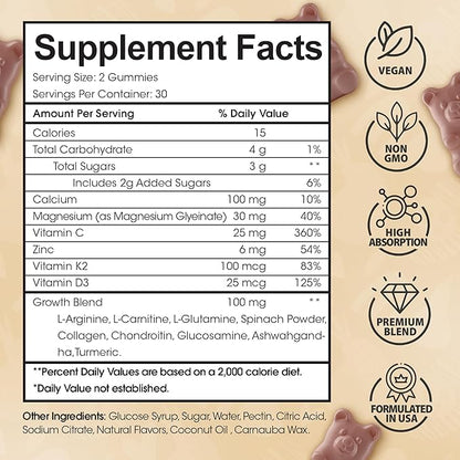 Height Growth Increase Vitamin Gummies, Calcium, Magnesium, Zinc, Ashwagandha, Glucosamine Grow Tall Supplement, Multivitamin for Kids, Teens, Adults