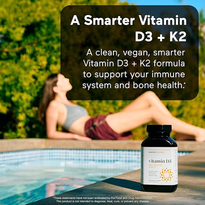 Smarter Nutrition Vegan Vitamin D3 5000 IU + Vitamin K2 1100 mcg with Organic Coconut & Olive Oil - D3 K2 Supplement for Immune Support & Bone Health in a Vegan Softgels - 60 Count [30 Day Supply]