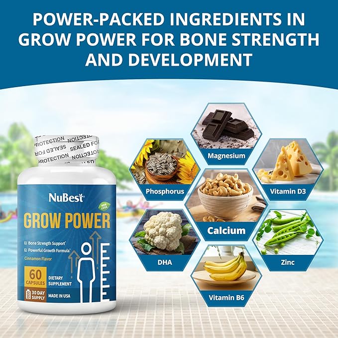 NuBest Grow Power Height Supplement with Calcium, Magnesium, Vitamin D3, Zinc for Age 10+ Height Growth, Grow Taller, Increase Height Growth Natural - Free of Growth Hormone - 60 Growth Capsules