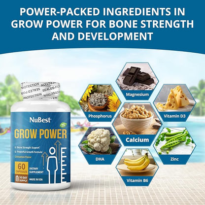 NuBest Grow Power Height Supplement with Calcium, Magnesium, Vitamin D3, Zinc for Age 10+ Height Growth, Grow Taller, Increase Height Growth Natural - Free of Growth Hormone - 60 Growth Capsules