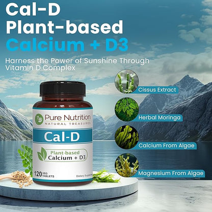 Pure Nutrition Cal D - Plant Based Calcium with VIT D3 K2 & Magnesium | 120 Tabs | 500mg Vegan Calcium per Serving | Algae Calcium Supplement for Bone Health