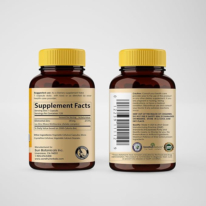 Sandhu Herbals Zinc 30mg Supplement and Organic 4 in 1 Ashwagandha Capsules with Zinc| Supports Healthy Skin, Immune System| Non-GMO