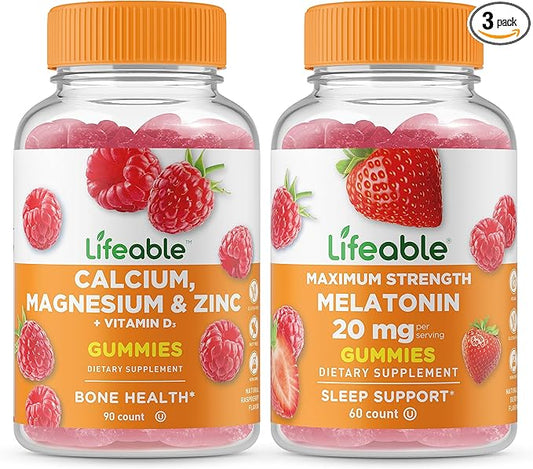 Lifeable Calcium, Magnesium, Zinc & Vitamin D + Melatonin 20mg, Gummies Bundle - Great Tasting, Vitamin Supplement, Gluten Free, GMO Free, Chewable Gummy