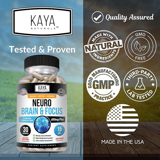 Kaya Naturals - Neuro Brain for Memory & Focus - Nootropic Energy Capsule - Nootropic Brain Support Supplement - Focus & Concentration & Learning Accuracy - Cognitive Function - 30 Count