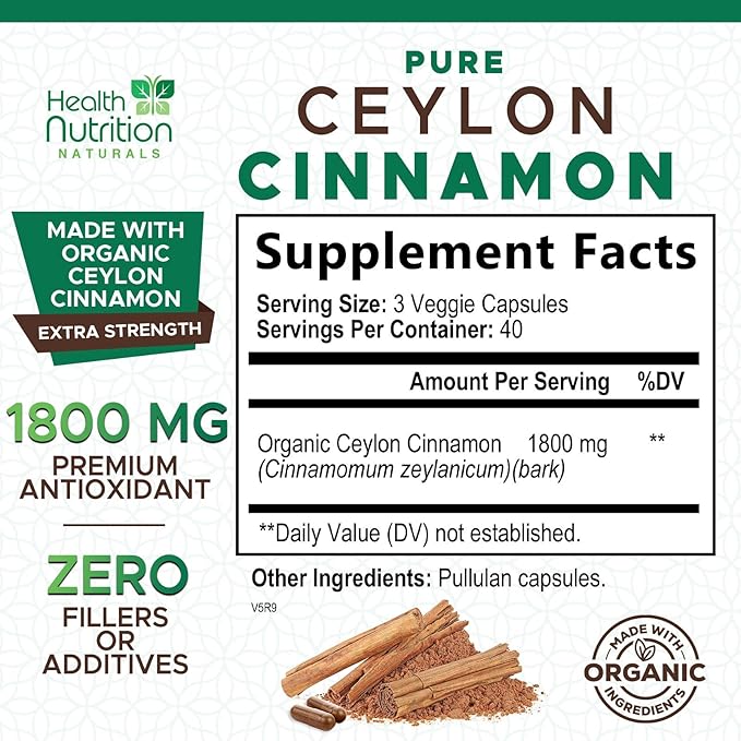 Organic Ceylon Cinnamon Capsules 1800 mg - Pure True Ceylon Cinnamon Powder Supplements, Certified Organic Herbal Supplement, Non-GMO, Gluten Free, Vegan, Antioxidant Pills Supplement - 120 Capsules
