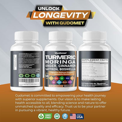 Turmeric Moringa Ginger Boswellia Quercetin Cinnamon Saffron Tart Cherry Odorless Garlic Nettle -150 Capsules- Made in USA