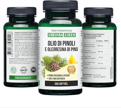 Pine Nut Oil w/Pine Resin Capsules 200 Softgels Wild Harvested Siberia Altai Cold Pressed Unrefined