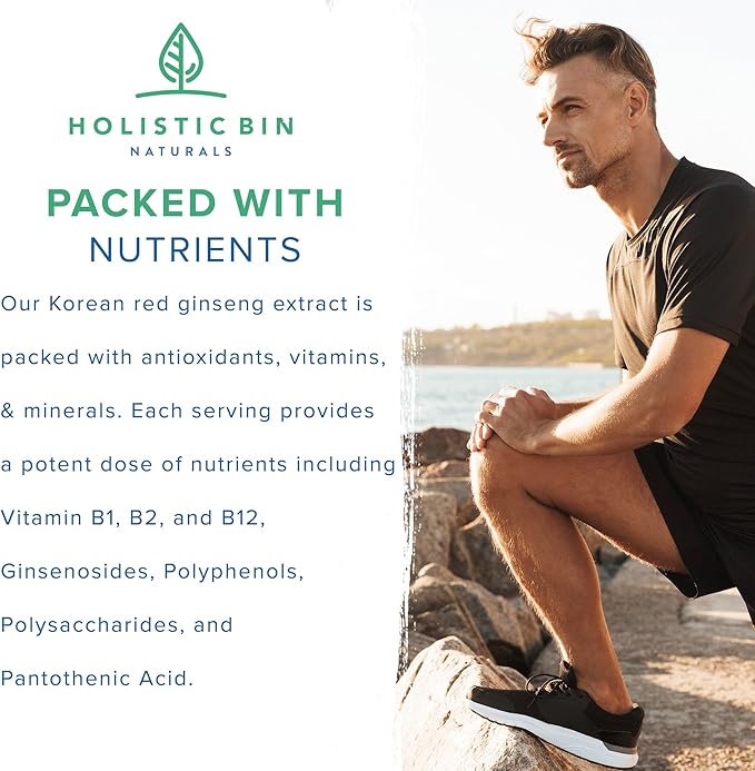 Holistic Bin Korean Red Ginseng Capsules Pure Panax Ginseng Supplement | Vegan, Gluten Free, Non GMO, No Fillers | Rich in Ginsenosides (40 Capsules)