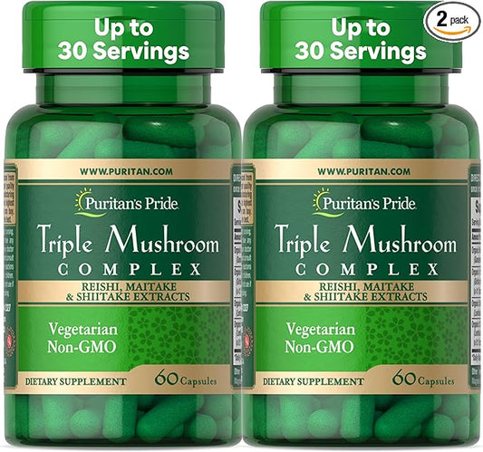 Puritan's Pride Triple Mushroom Complex, Reishi, Maitake & Shiitake Extracts, Organic Mushroom Extracts, 60 Vegetarian Capsules 2-Pack - 120 Capsules