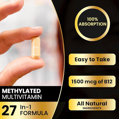 Eliixr Methylated Multivitamin Supplement for Men and Women with Active Methyl B12 and 5-MTHF Methylfolate 90 Vegetable Capsules Iron Free Made in The USA