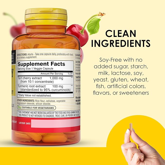 MASON NATURAL 1000mg Tart Cherry Extract with Standardized Turmeric, 60-Day Supply Capsules for Joint Support