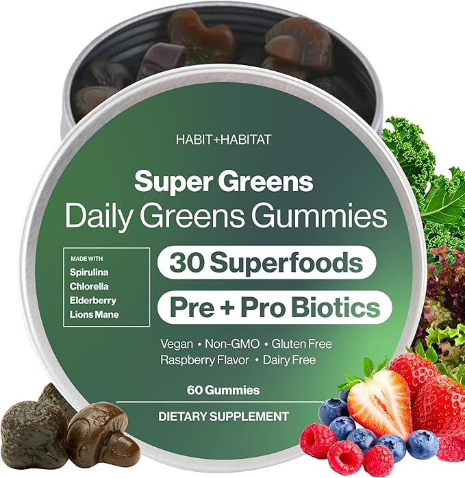 Daily Greens Gummies - Raspberry Flavored Nutrient Rich Blend with Chlorella, Spirulina, Beetroot, Lions Mane, Ashwagandha and Reishi for Vitality, Wellness and Herbal Support