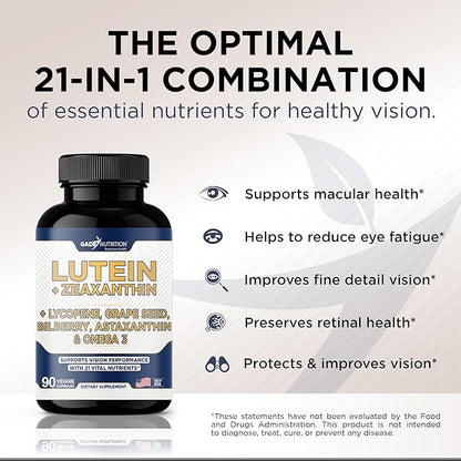 Gade Nutrition Lutein and Zeaxanthin Supplements | Astaxanthin, Omega 3, Resveratrol, Bilberry, Lycopene, Quercetin, Ginkgo Biloba, Vitamin D - Eye Health Vitamins, Eye Support, Health Vision Formula