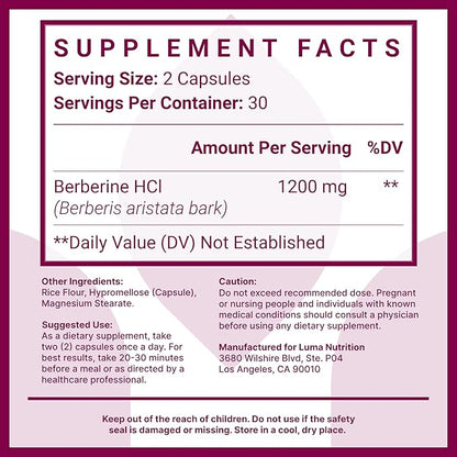 Luma Nutrition Berberine Supplement - Berberine HCL 1200mg Per Serving - Vegan, Gluten Free, Non-GMO - 60 Capsules