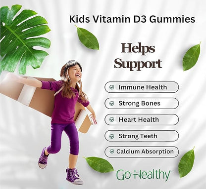 Go Healthy Kids Vitamin D Gummies – Toddler & Children's Chewable Supplement, Growth & Immune Support – Kosher, Halal, Non-GMO, Gluten-Free, Delicious Fruit Flavor - 60 Servings
