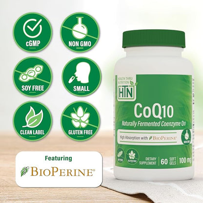 Health Thru Nutrition CoQ-10 100mg with BioPerine 60 Softgels | High Absorption Naturally Fermented USP Grade Coenzyme Q10 Supplement | 3rd Party Tested | Heart Health and Energy Support