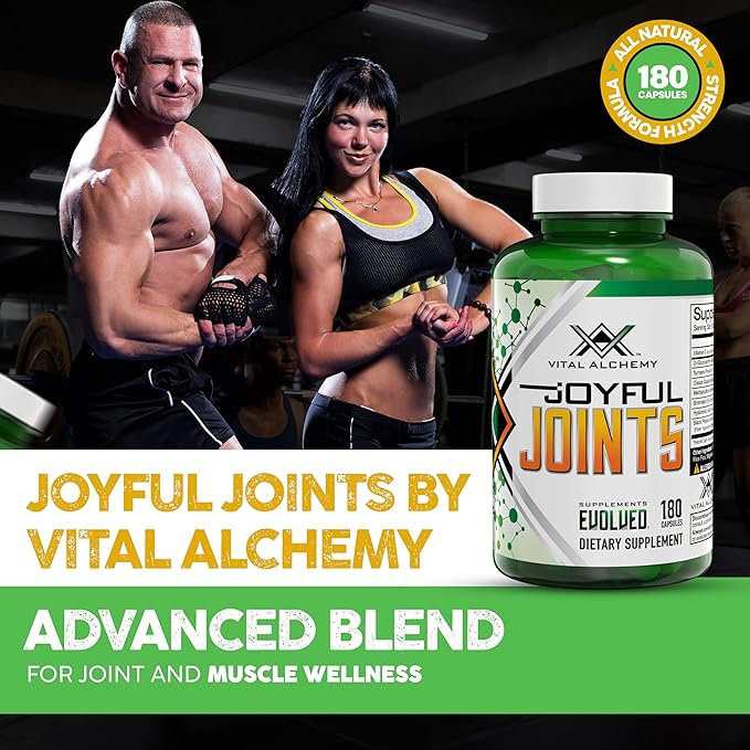 Vital Alchemy Joyful Joints Support Supplement for Women & Men with MSM, Glucosamine Sulfate 1500 mg,Turmeric Supplement with Hyaluronic Acid, Bromelain, Bioperine, 180 Cap, 60 Day Supply - USA Made