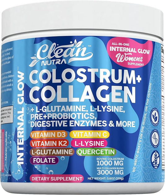 Bovine Colostrum+Collagen Peptides Powder| L-Glutamine L-Lysine Prebiotics Probiotics Digestive Enzymes Vitamin D K2 Vitamin C Quercetin & Folate|Gut Health Supplement Internal Glow By Clean Nutra (1)
