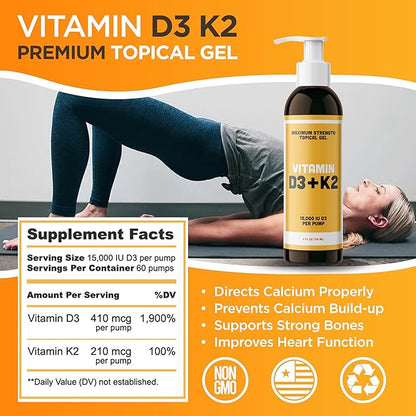 Vitamin D3 K2 Maximum Strength Topical Gel - 15000+ IU Per Pump - The Sunshine Vitamin - Supports Bone & Joint Health, Immune Support - One Month Supply