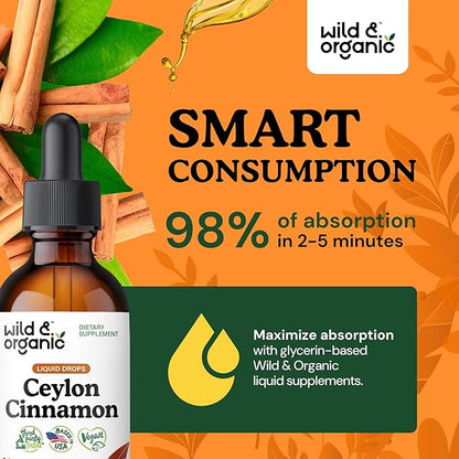 Wild & Organic Ceylon Cinnamon Extract Liquid Drops 500mg - Liquid Cinnamon Supplements for Overall Support - Cinnamomum Verum Bark Tincture - Vegan, Sugar & Alcohol-Free, Non-GMO - 2 fl oz