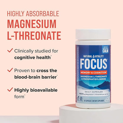Natural Vitality Focus, Magnesium L-Threonate and Phosphatidylserine Nootropic Brain Supplements for Memory, Focus, and Cognition, Gluten Free, Vegetarian, 60 Capsules