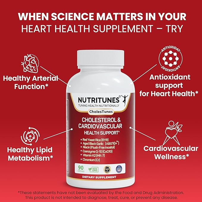 Cholestunes –Cholesterol & Heart Health Support Advanced Supplement Red Yeast Rice (RYR), Aged Black Garlic CoQ10, Niacin (Flush-Free), Chromium & Vitamin K2– 90 Capsules