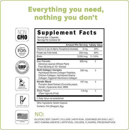 Best Biotin | Collagen | Keratin - Clinically Tested Multi Collagen Supplement for Hair Growth, Healthy Skin and Strong Nails. Non-GMO, Vegan, Gluten-Free. Made in USA. 30 Day Supply - 30 Count