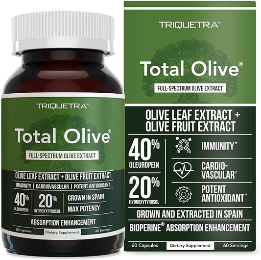 Total Olive® - Olive Leaf Extract (40% Oleuropein) Plus Olive Fruit Extract (20% Hydroxytyrosol) – Full Spectrum Extract Grown & Extracted in Spain – BioPerine Absorption Enhancement (60 Count)