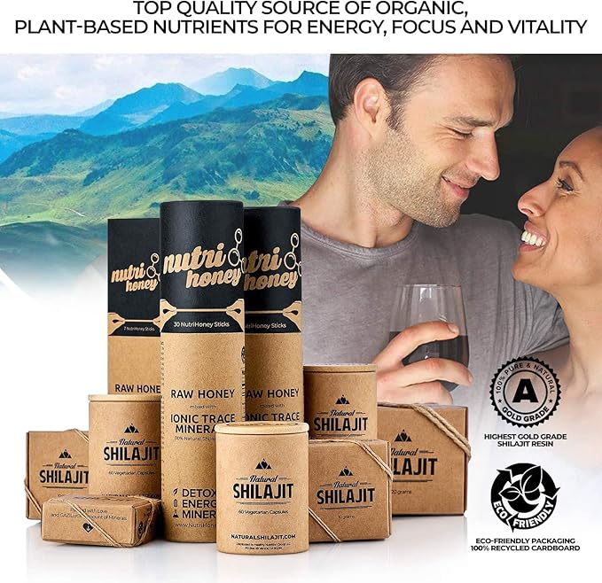 NATURAL SHILAJIT Resin 20G, Shilajit Honey Sticks 30 Count Capsules 60 Count