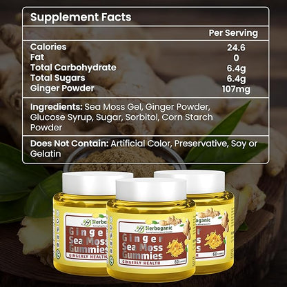 Ginger Sea Moss Gummies - Herbal Support for Immune & Digestive Health - Plant-Powered, Gluten-Free & Vegan-Friendly - 60 Count