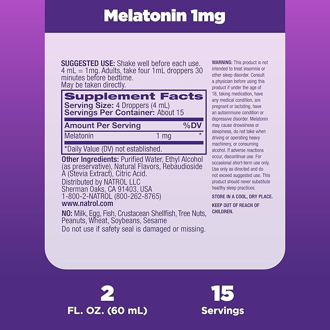 Natrol Liquid Melatonin 1mg, Berry-Flavored Dietary Supplement for Restful Sleep, 2 Fl Oz, 15 Servings