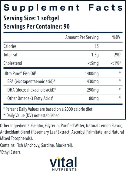 Vital Nutrients Ultra Pure® Fish Oil 800 | Supports Heart, Brain, & Immune Health* | Sustainably Sourced High EPA & DHA Omega-3 Fatty Acid | Lemon Flavor | Gluten, Dairy, Soy Free | 90 Softgels