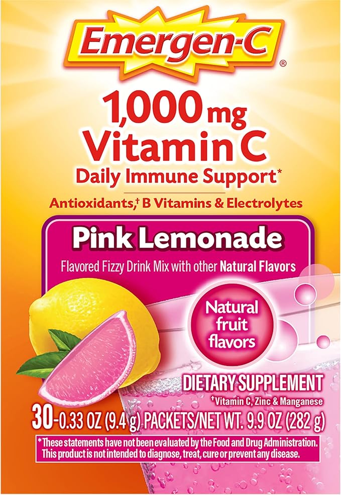 Emergen-C 1000mg Vitamin C Powder, with Antioxidants, B Vitamins and Electrolytes, Immunity Supplements for Immune Support, Caffeine Free Fizzy Drink Mix, Pink Lemonade Flavor - 30 Count