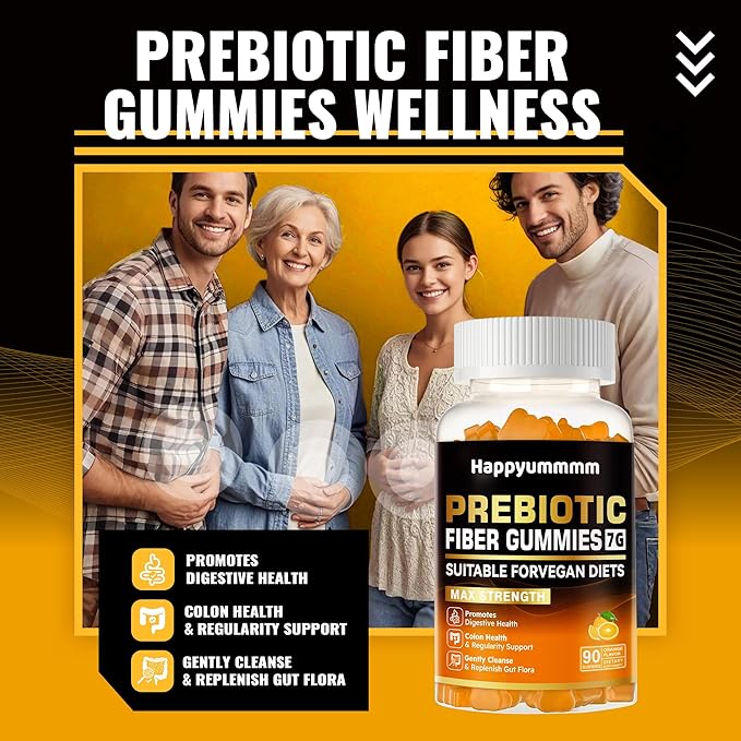 Prebiotic Fiber Gummies for Adults, 7G Extra Strength, Zero Sugar Added, 90 Pectin Based Gummies, Digestive Health -Orange