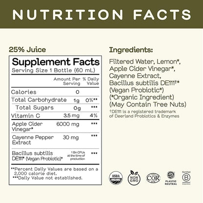 Greenhouse Juice Organic Inside Job Wellness Shots, Cold Pressed Digestive Aid with Apple Cider Vinegar, Lemon, and Cayenne Immunity Shots Juice Vegan & Gluten-Free (2 Oz, Pack of 12)