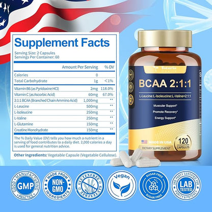 High Purity Branched Chain Amino Acids Supplement - BCAA 2:1:1 Capsules with Creatine Monohydrate, L-Glutamine, Vitamin B6 and Vitamin C for Men & Women, 120 Count