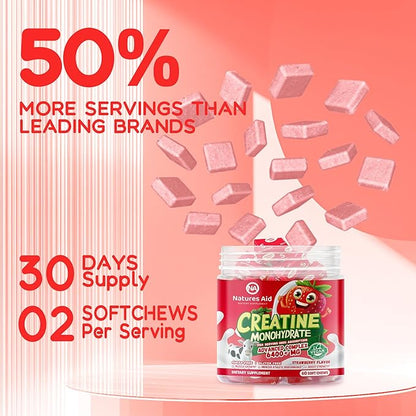 Creatine Monohydrate Chews Complex for Men & Women -Advanced Formula W/L-Taurine + Vitamin B12, Sugar Free Chewable Supplement,60 Strawberry Softchews.