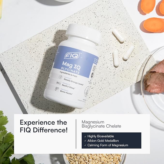 FIQ - Mag IQ Glycinate - Magnesium Bisglycinate Chelate TRAACS - High Absorption Magnesium Glycinate Supplement - Sleep, Daily Energy, & Bone Wellness - 60 Capsules