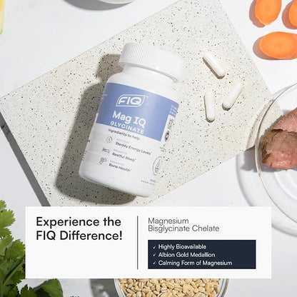 FIQ - Mag IQ Glycinate - Magnesium Bisglycinate Chelate TRAACS - High Absorption Magnesium Glycinate Supplement - Sleep, Daily Energy, & Bone Wellness - 60 Capsules