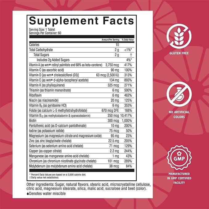 Celebrate Vitamins Multi ADEK Chewables, Iron Free - Daily Bariatric Multivitamin, High Level of Vitamins A, D, E, K & B12 for Duodenal Switch Surgery Patients - Berry Sorbert (180 Tablets)