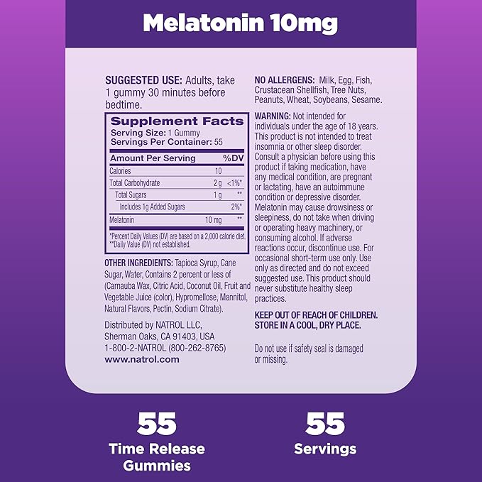 Natrol 10 mg Melatonin Gummies, Time Release Sleep Gummies for Adults, Minimize Wake Ups, Strawberry-Flavored, 55 Count, 55 Day Supply