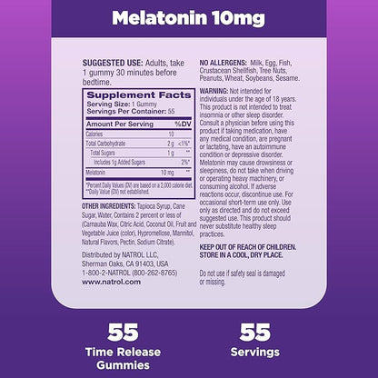 Natrol 10 mg Melatonin Gummies, Time Release Sleep Gummies for Adults, Minimize Wake Ups, Strawberry-Flavored, 55 Count, 55 Day Supply