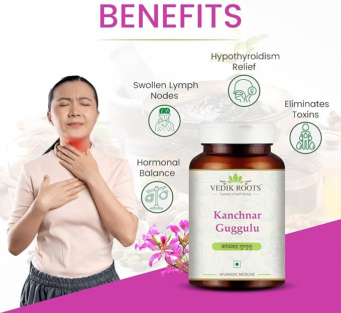 Kanchnar Guggulu - Ayurvedic Supplement for Thyroid | Hormonal Balance for Women | Reduces Joint and Muscles Pain | for Swollen Lymph Nodes | 60 Tablets (120)