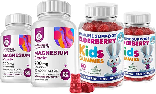 Elderberry Gummies for Kids and Magnesium 200 mg Gummies Sugar-Free - Healthy Immune System Booster and Health Support with Elderberries Extract with Magnesium Calm Chews for Kids & Adults Sugar-Free