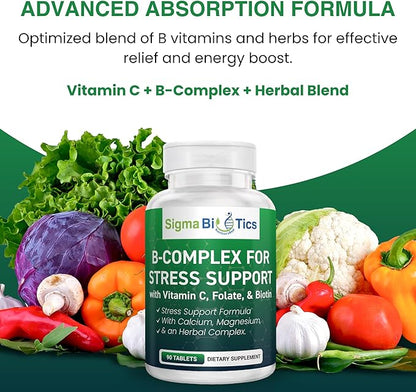 B Complex for Stress Support - Energy, Nerve & Mood Support with Vitamins, Minerals & Botanicals - Non-GMO, 90 Tablets for Relaxation
