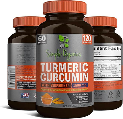 Turmeric Curcumin with Bioperine, Black Pepper Extract for Absorption, Natural Joint Support and Overall Health, 1500mg per Serving, 120 Vegan Capsules